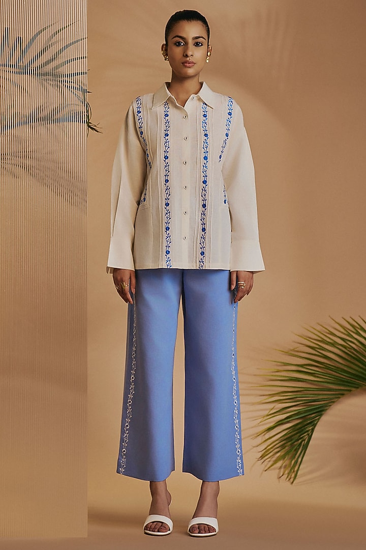 Blue & Ivory Linen Blend Co-Ord Set by ORIGANI at Pernia's Pop Up Shop