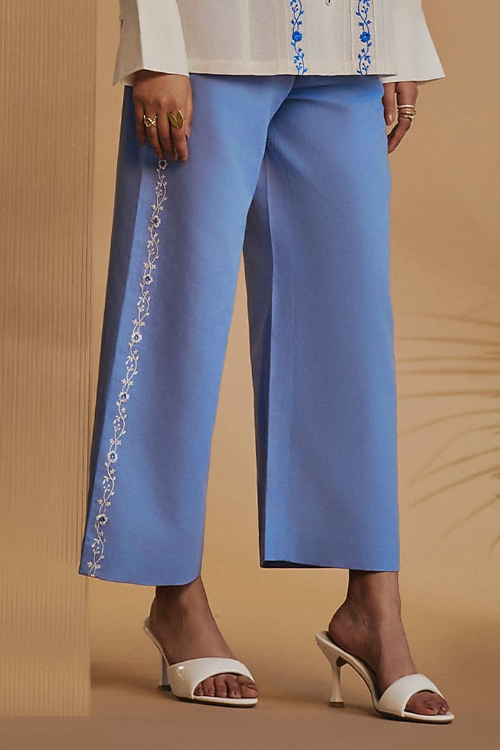 Blue & Ivory Linen Blend Co-Ord Set by ORIGANI at Pernia's Pop Up Shop