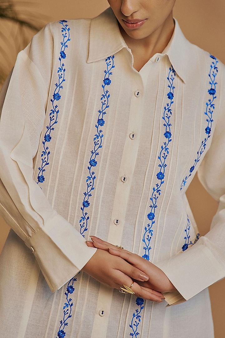 Blue & Ivory Linen Blend Co-Ord Set by ORIGANI at Pernia's Pop Up Shop