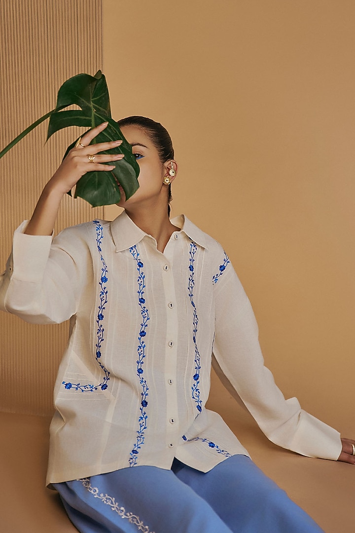 Blue & Ivory Linen Blend Co-Ord Set by ORIGANI at Pernia's Pop Up Shop