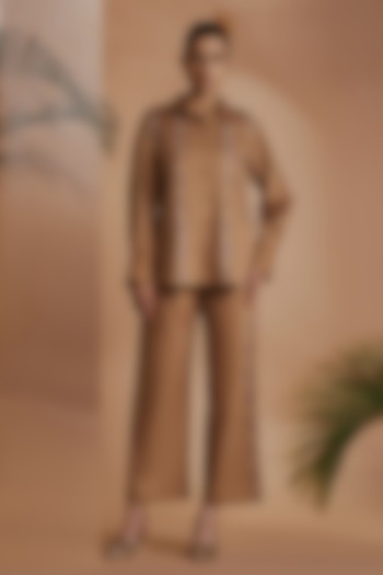 Brown Cotton Satin Embroidered Co-Ord Set by ORIGANI at Pernia's Pop Up Shop