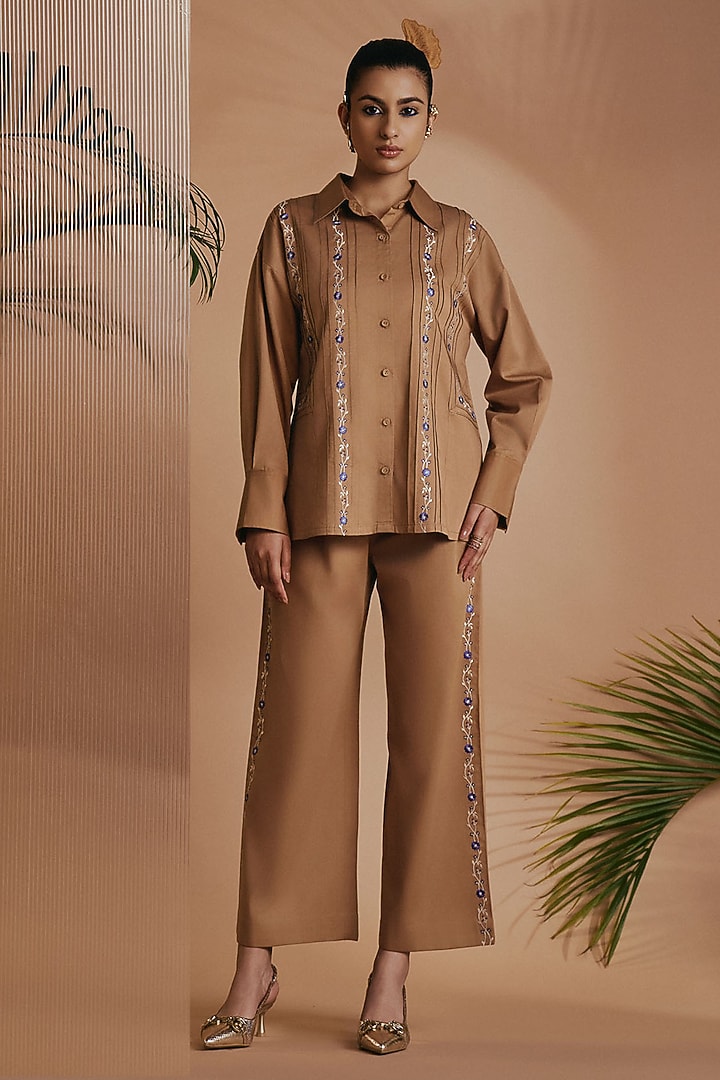 Brown Cotton Satin Embroidered Co-Ord Set by ORIGANI at Pernia's Pop Up Shop