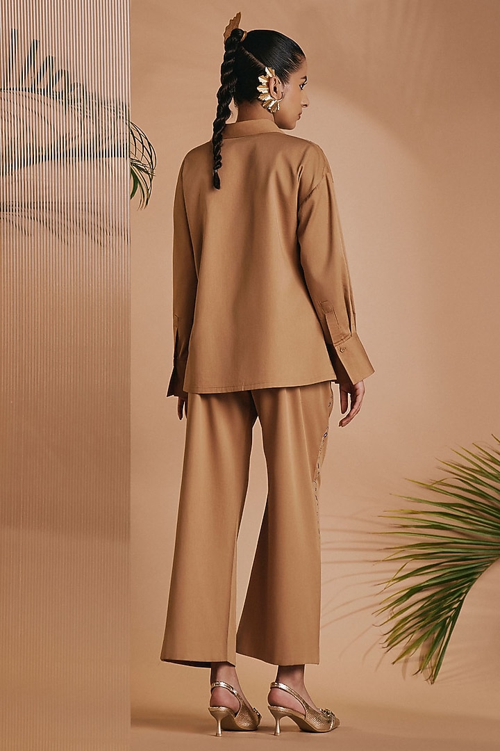 Brown Cotton Satin Embroidered Co-Ord Set by ORIGANI at Pernia's Pop Up Shop