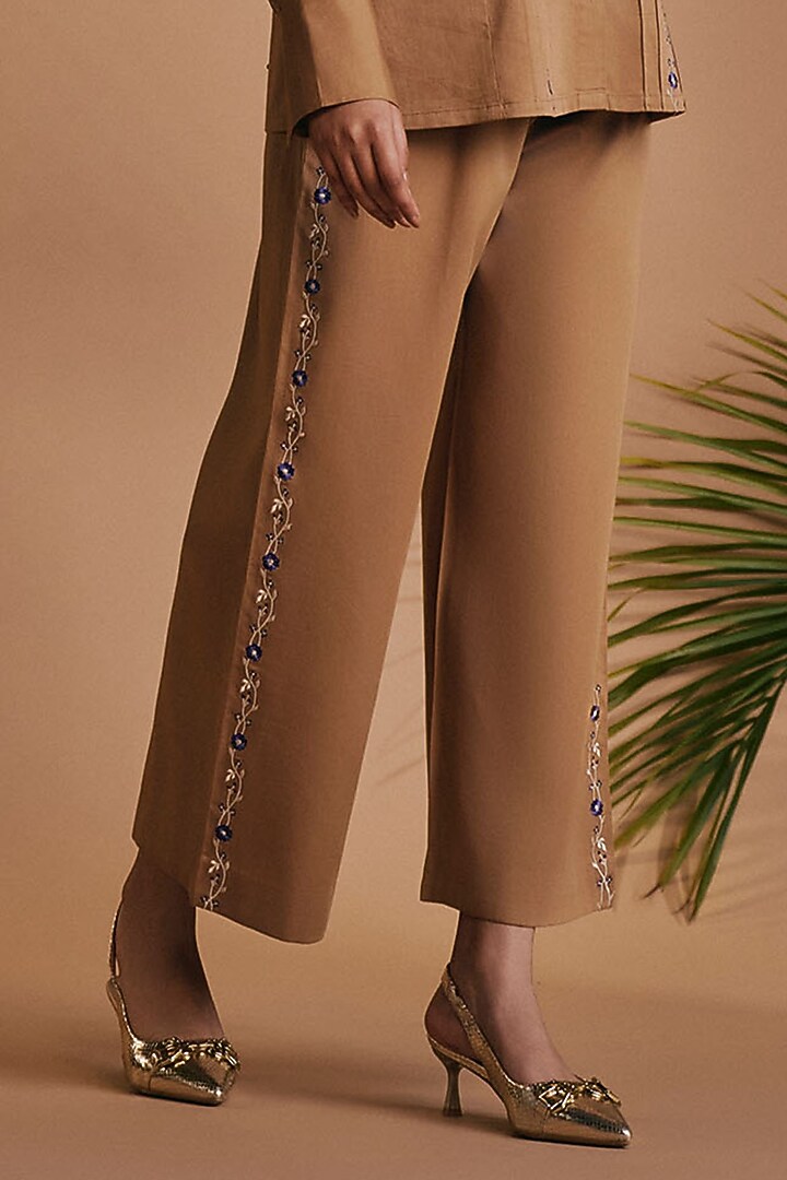Brown Cotton Satin Embroidered Co-Ord Set by ORIGANI at Pernia's Pop Up Shop