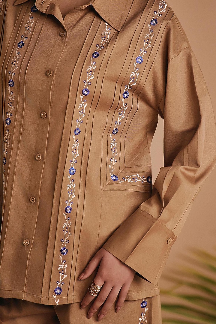 Brown Cotton Satin Embroidered Co-Ord Set by ORIGANI at Pernia's Pop Up Shop