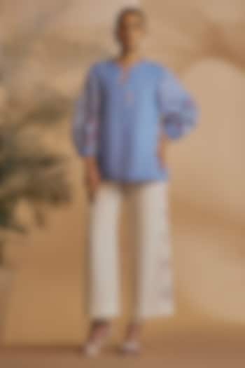 Blue & Ivory Linen Blend Embroidered Co-Ord Set by ORIGANI at Pernia's Pop Up Shop