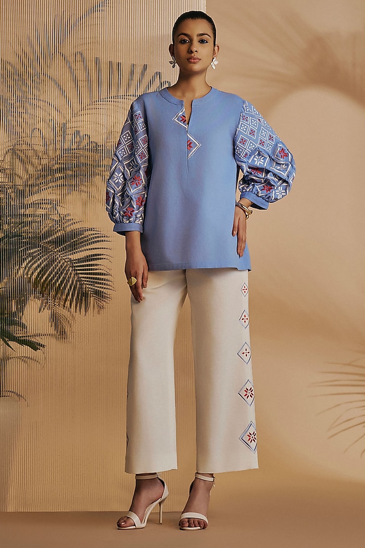 Blue & Ivory Linen Blend Embroidered Co-Ord Set by ORIGANI at Pernia's Pop Up Shop