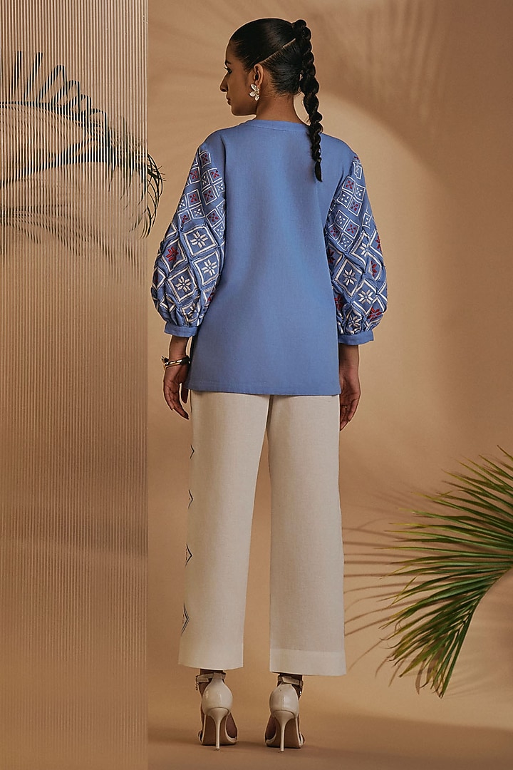 Blue & Ivory Linen Blend Embroidered Co-Ord Set by ORIGANI at Pernia's Pop Up Shop