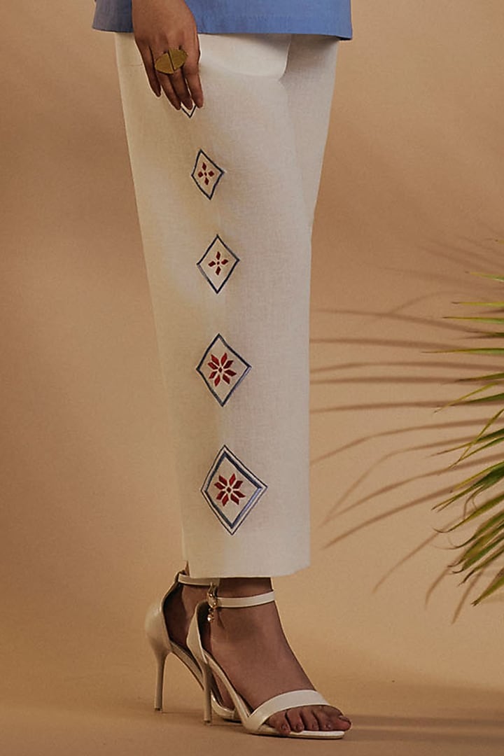 Blue & Ivory Linen Blend Embroidered Co-Ord Set by ORIGANI at Pernia's Pop Up Shop