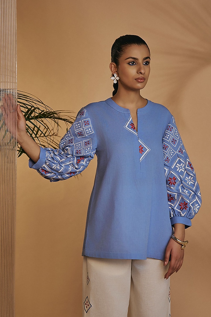 Blue & Ivory Linen Blend Embroidered Co-Ord Set by ORIGANI at Pernia's Pop Up Shop