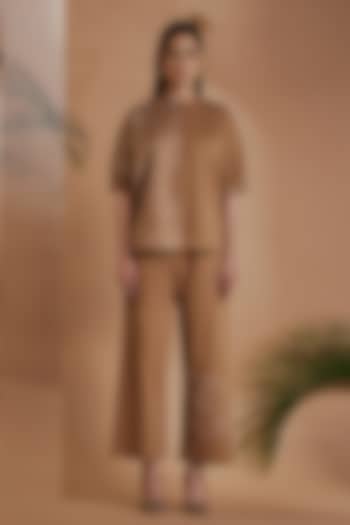 Brown Cotton Satin Embroidered Co-Ord Set by ORIGANI at Pernia's Pop Up Shop