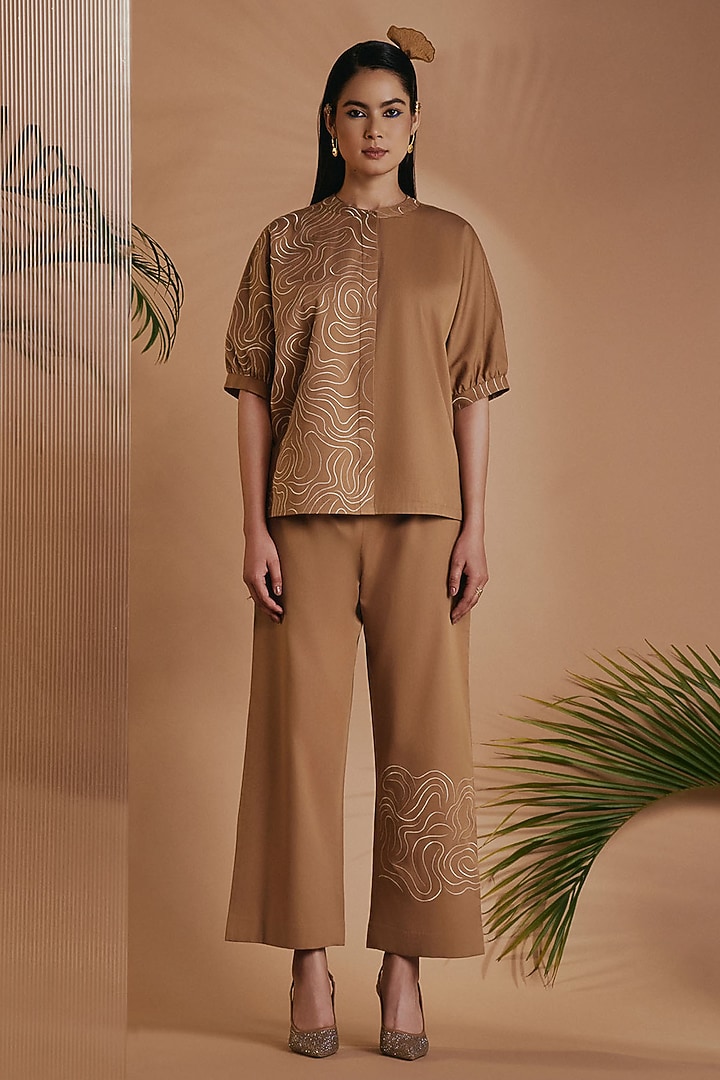Brown Cotton Satin Embroidered Co-Ord Set by ORIGANI at Pernia's Pop Up Shop