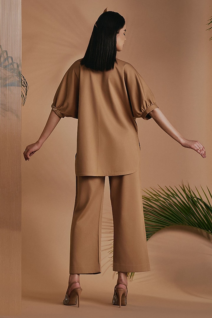 Brown Cotton Satin Embroidered Co-Ord Set by ORIGANI at Pernia's Pop Up Shop