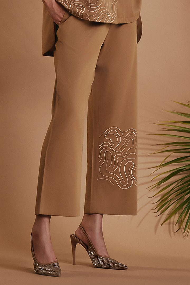 Brown Cotton Satin Embroidered Co-Ord Set by ORIGANI at Pernia's Pop Up Shop