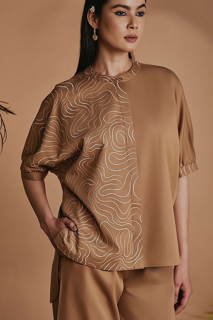 Brown Cotton Satin Embroidered Co-Ord Set by ORIGANI at Pernia's Pop Up Shop