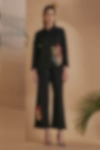 Black Cotton Satin Embroidered Co-Ord Set by ORIGANI at Pernia's Pop Up Shop