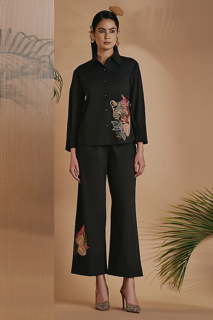 Black Cotton Satin Embroidered Co-Ord Set by ORIGANI at Pernia's Pop Up Shop