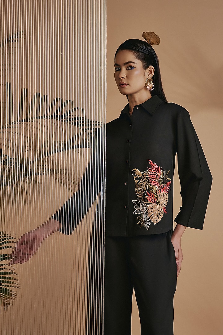 Black Cotton Satin Embroidered Co-Ord Set by ORIGANI at Pernia's Pop Up Shop