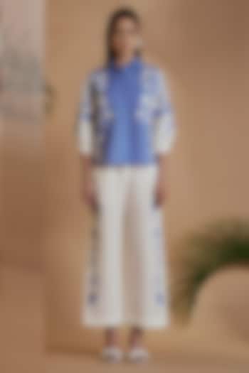 Blue & Ivory Linen Blend Embroidered Co-Ord Set by ORIGANI at Pernia's Pop Up Shop