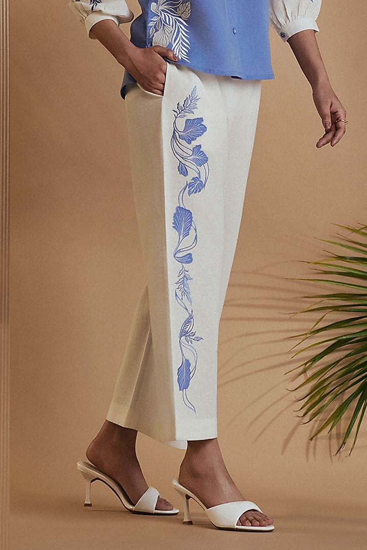 Blue & Ivory Linen Blend Embroidered Co-Ord Set by ORIGANI at Pernia's Pop Up Shop