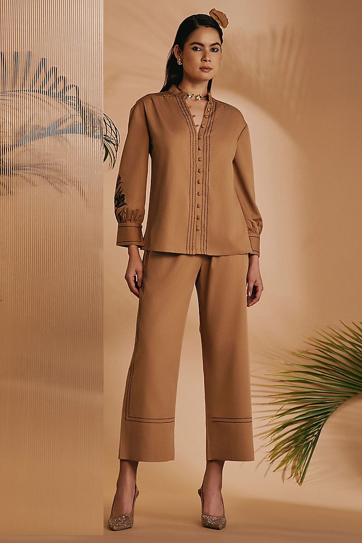 Brown Cotton Satin Embroidered Co-Ord Set by ORIGANI at Pernia's Pop Up Shop