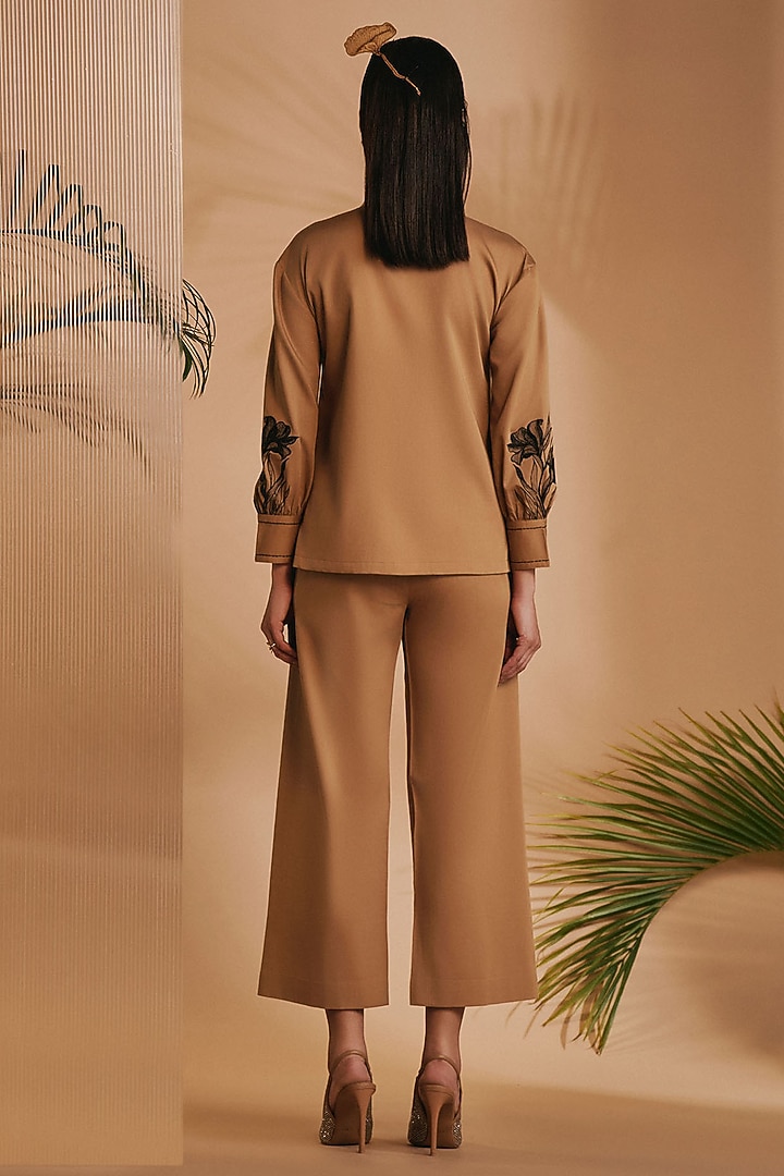 Brown Cotton Satin Embroidered Co-Ord Set by ORIGANI at Pernia's Pop Up Shop