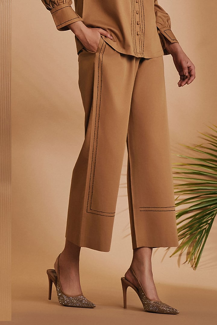 Brown Cotton Satin Embroidered Co-Ord Set by ORIGANI at Pernia's Pop Up Shop