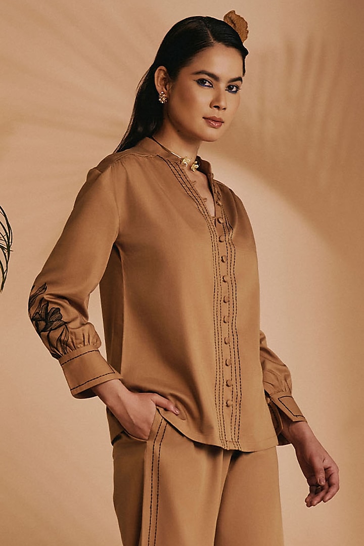 Brown Cotton Satin Embroidered Co-Ord Set by ORIGANI at Pernia's Pop Up Shop