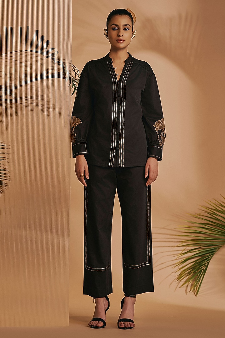 Black Cotton Satin Embroidered Co-Ord Set by ORIGANI at Pernia's Pop Up Shop