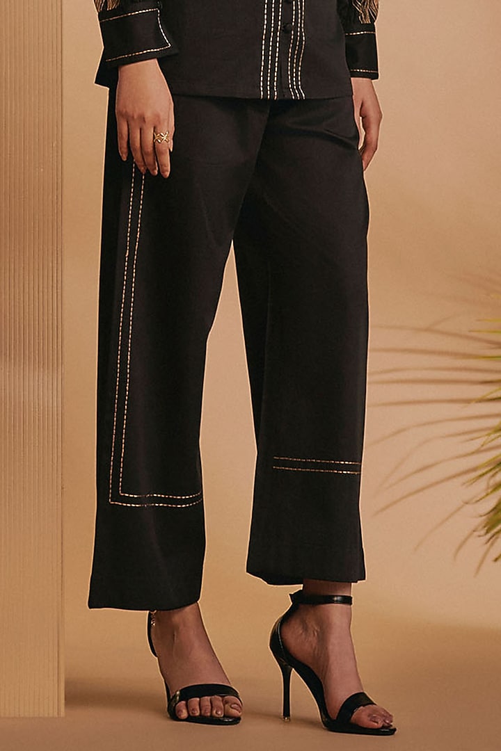 Black Cotton Satin Embroidered Co-Ord Set by ORIGANI at Pernia's Pop Up Shop