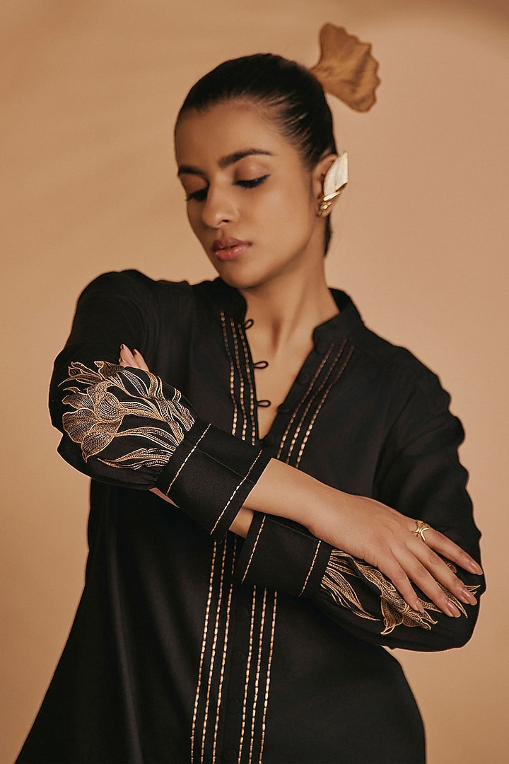 Black Cotton Satin Embroidered Co-Ord Set by ORIGANI at Pernia's Pop Up Shop