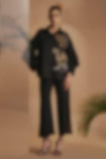 Black Cotton Satin Embroidered Co-Ord Set by ORIGANI at Pernia's Pop Up Shop