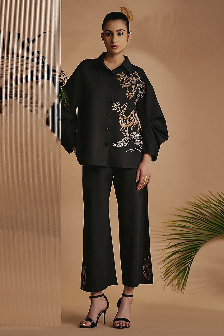 Black Cotton Satin Embroidered Co-Ord Set by ORIGANI at Pernia's Pop Up Shop