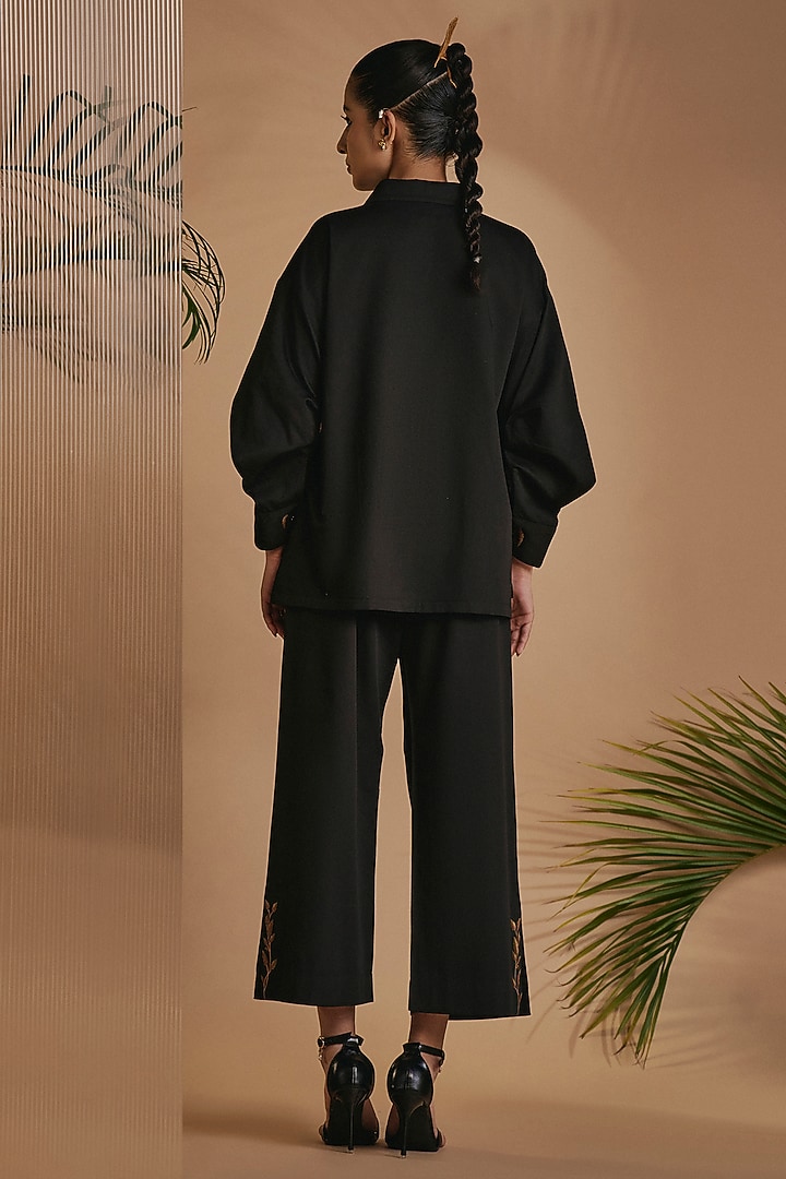 Black Cotton Satin Embroidered Co-Ord Set by ORIGANI at Pernia's Pop Up Shop