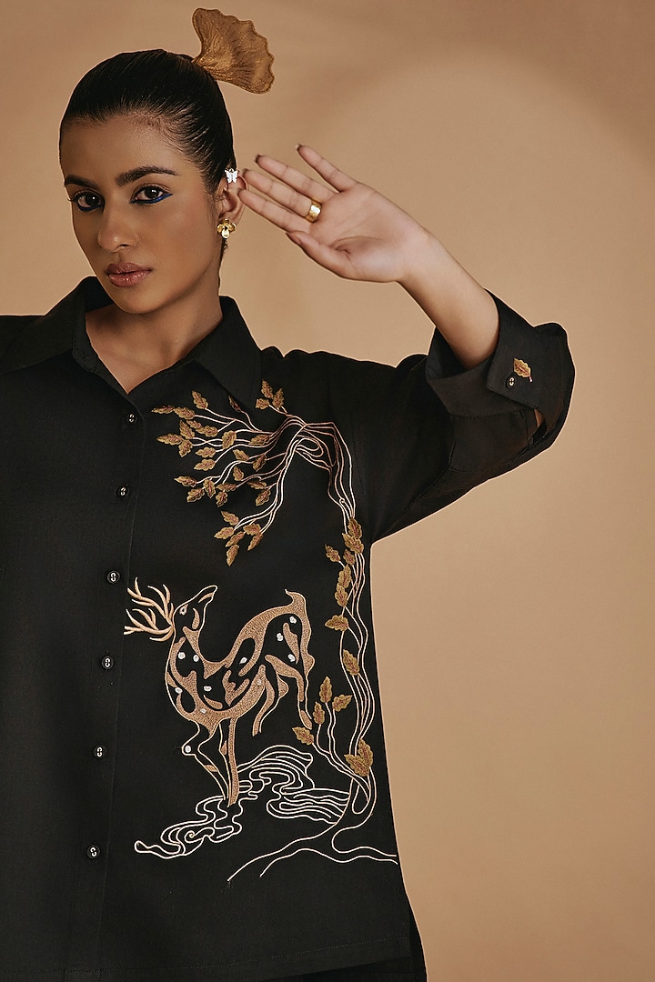 Black Cotton Satin Embroidered Co-Ord Set by ORIGANI at Pernia's Pop Up Shop