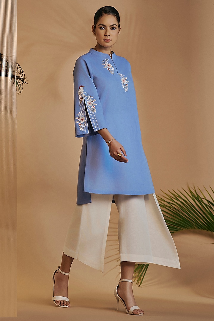 Blue & Ivory Linen Blend Embroidered Tunic Set by ORIGANI at Pernia's Pop Up Shop