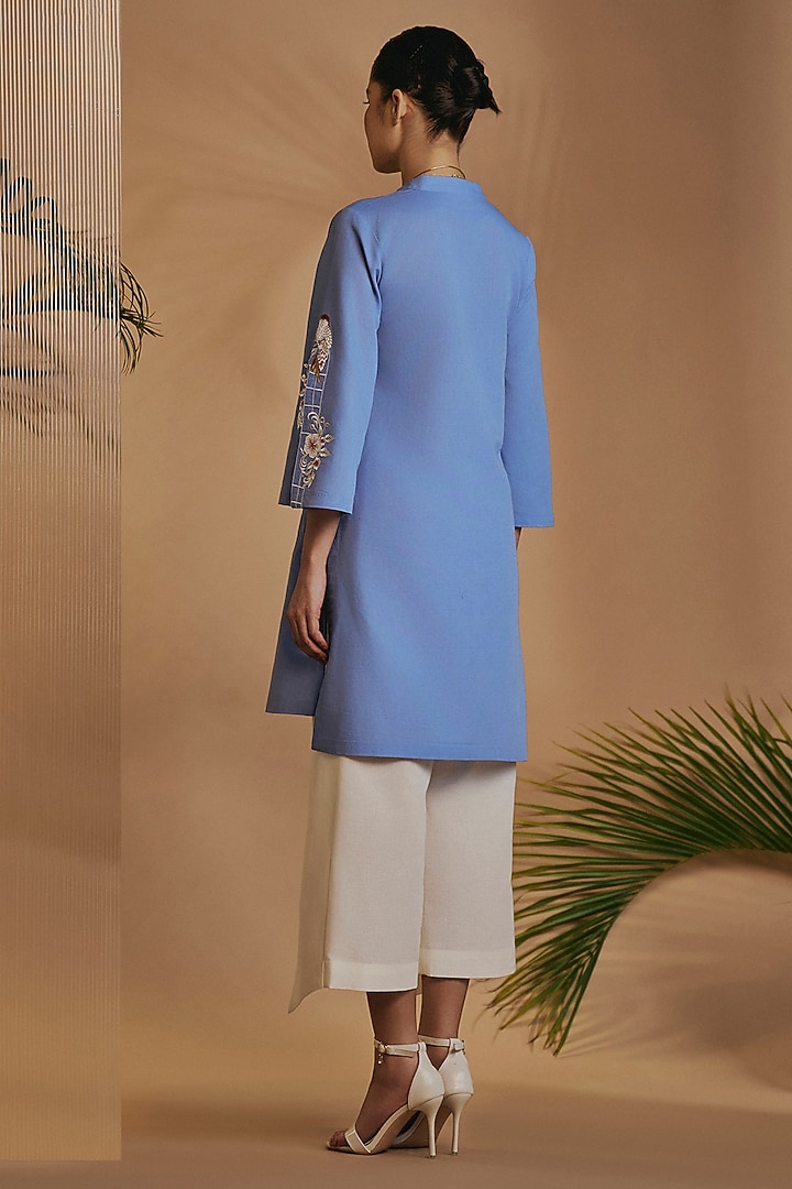 Blue & Ivory Linen Blend Embroidered Tunic Set by ORIGANI at Pernia's Pop Up Shop