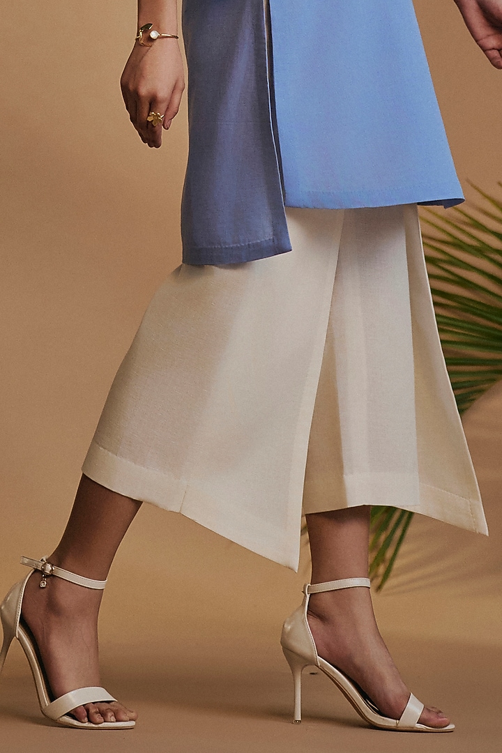 Blue & Ivory Linen Blend Embroidered Tunic Set by ORIGANI at Pernia's Pop Up Shop