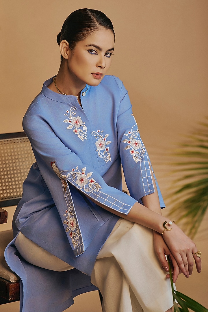 Blue & Ivory Linen Blend Embroidered Tunic Set by ORIGANI at Pernia's Pop Up Shop