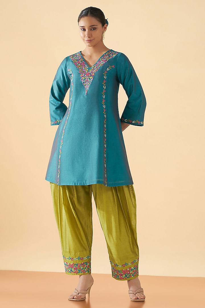 Blue Chanderi Silk Embroidered Tunic Set by ORIGANI at Pernia's Pop Up Shop