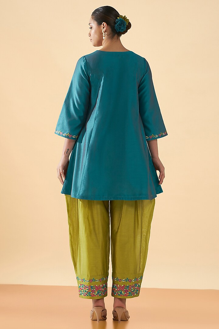 Blue Chanderi Silk Embroidered Tunic Set by ORIGANI at Pernia's Pop Up Shop