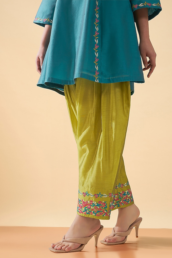 Blue Chanderi Silk Embroidered Tunic Set by ORIGANI at Pernia's Pop Up Shop