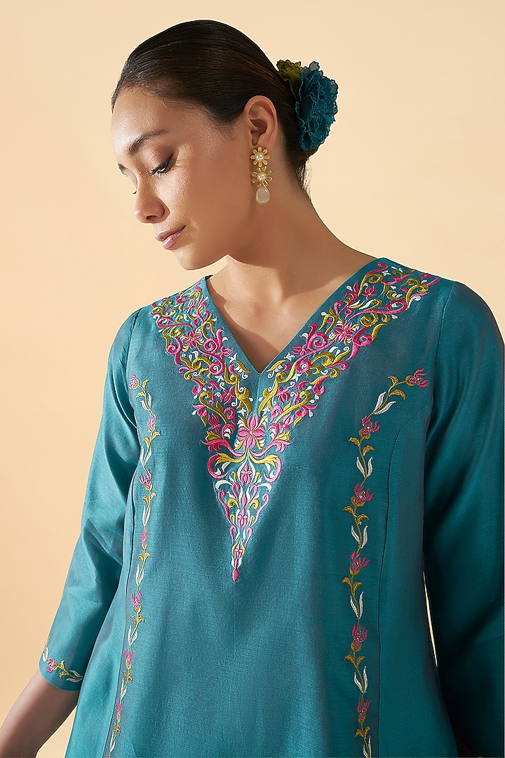 Blue Chanderi Silk Embroidered Tunic Set by ORIGANI at Pernia's Pop Up Shop