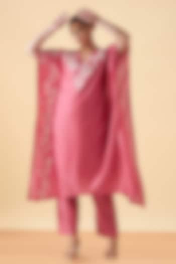 Pink Chanderi Silk Embroidered Asymmetrical Kaftan by ORIGANI at Pernia's Pop Up Shop