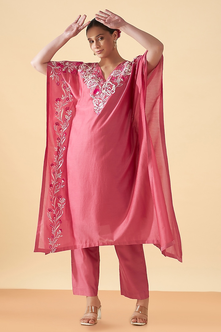 Pink Chanderi Silk Embroidered Asymmetrical Kaftan by ORIGANI at Pernia's Pop Up Shop