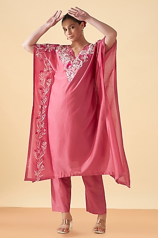 Pink Chanderi Silk Embroidered Asymmetrical Kaftan by ORIGANI