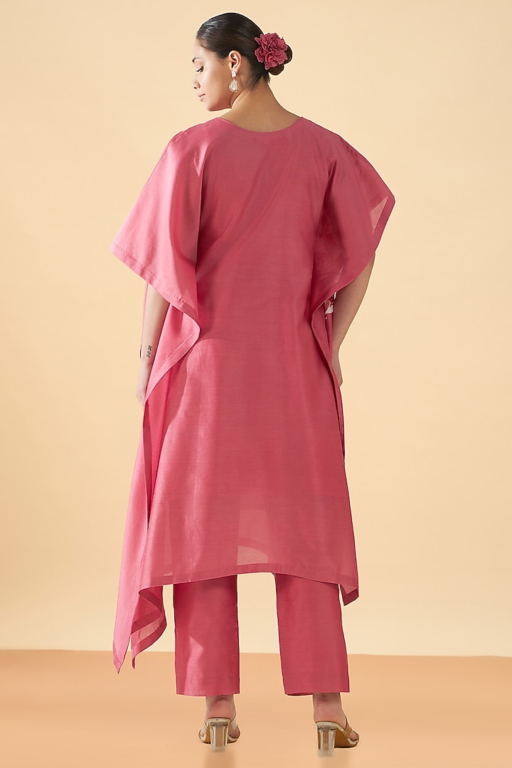 Pink Chanderi Silk Embroidered Asymmetrical Kaftan by ORIGANI at Pernia's Pop Up Shop