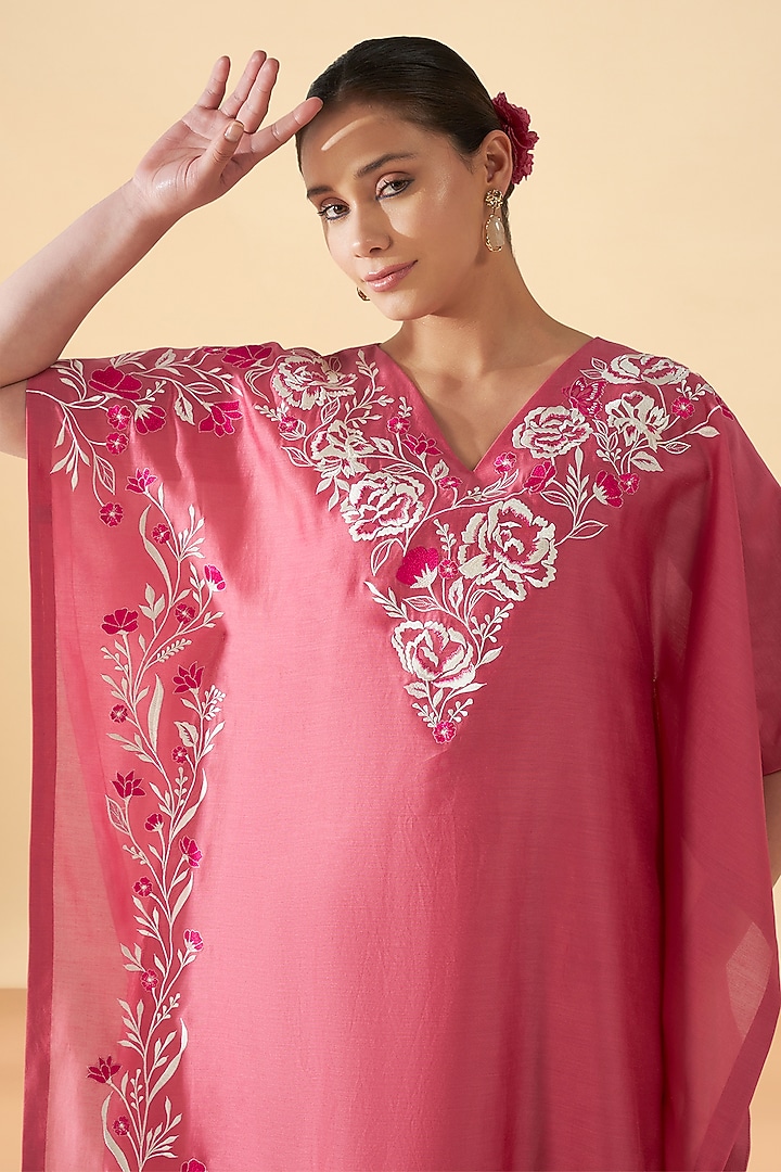 Pink Chanderi Silk Embroidered Asymmetrical Kaftan by ORIGANI at Pernia's Pop Up Shop