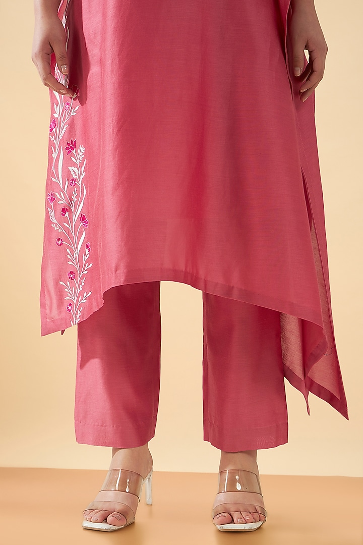 Pink Chanderi Silk Embroidered Asymmetrical Kaftan by ORIGANI at Pernia's Pop Up Shop