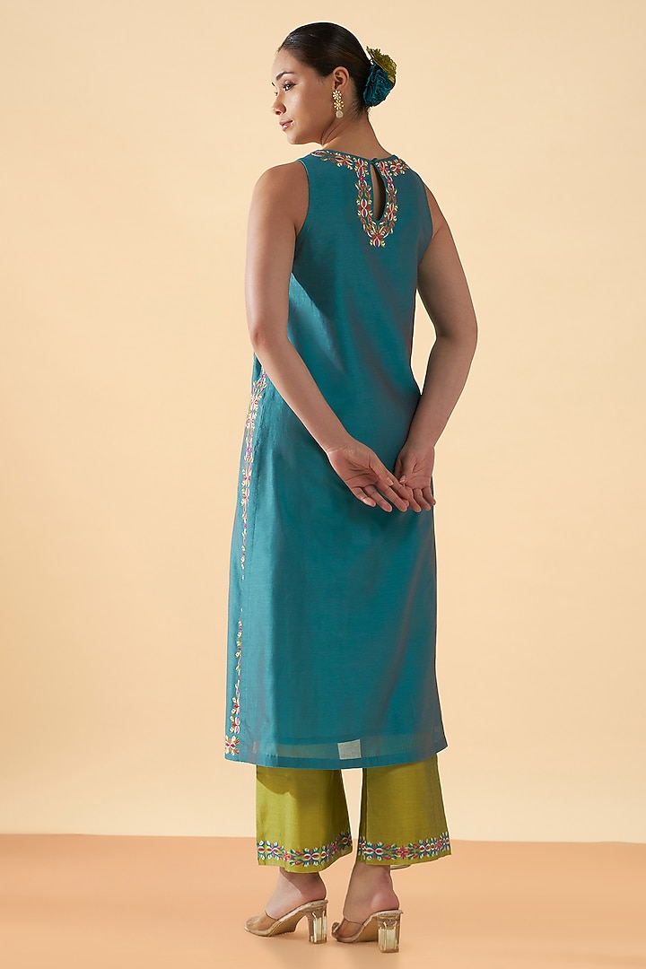 Blue Chanderi Silk Embroidered Kurta Set by ORIGANI at Pernia's Pop Up Shop